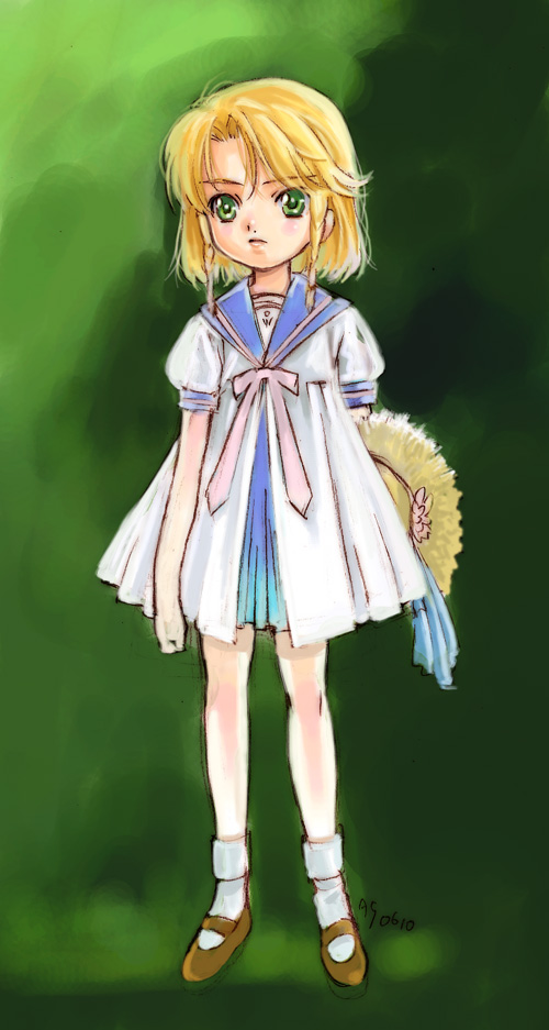 berries (artist), nishida asako, original, blonde hair, green eyes, hat, straw hat