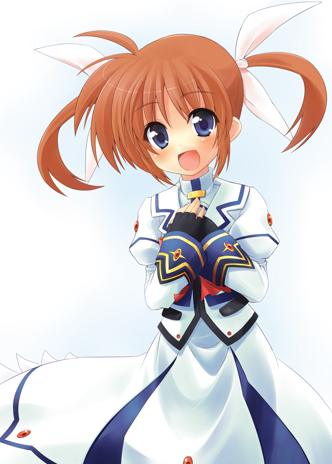 sw (taco), takamachi nanoha, takamachi nanoha (sacred mode), lyrical nanoha, mahou shoujo lyrical nanoha, mahou shoujo lyrical nanoha a's, 00s, 1girl, ahoge, blue eyes, blush, bow, brown hair, dress, female focus, fingerless gloves, gloves, hands on own chest, happy, long sleeves, looking at viewer, magical girl, purple eyes, red bow, red hair, solo, tareme, twintails, white dress