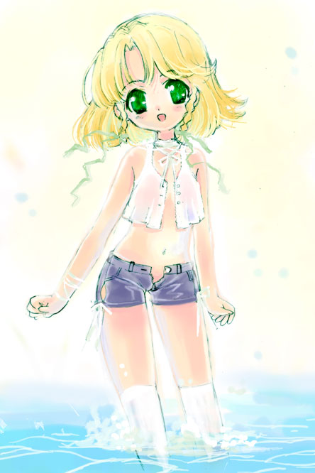 berries (artist), nishida asako, original, blonde hair, braid, green eyes, kneehighs, midriff, ocean, socks, solo, twin braids, water