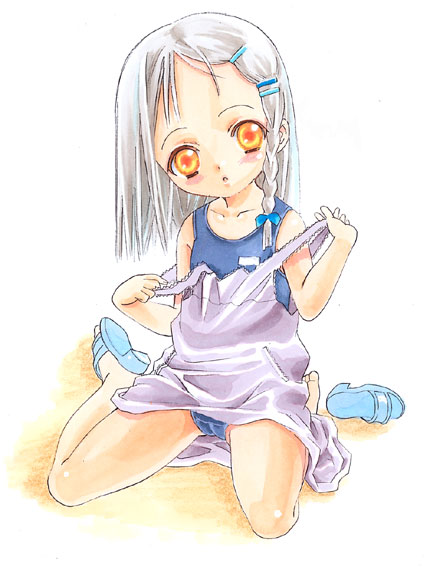 berries (artist), nishida asako, original, 1girl, braid, cameltoe, female focus, grey hair, hair ornament, hairclip, loli, one-piece swimsuit, orange eyes, school swimsuit, shoes, single shoe, solo, strap pull, swimsuit, swimsuit under clothes