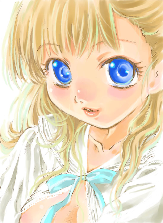 berries (artist), nishida asako, original, tagme, blonde hair, blue bow, blue bowtie, blue eyes, bow, bowtie, lips, portrait, simple background, solo, white background