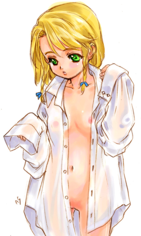 berries (artist), nishida asako, original, 1girl, blonde hair, braid, dress shirt, female focus, flat chest, green eyes, loli, long sleeves, naked shirt, navel, open clothes, open shirt, oversized clothes, oversized shirt, see-through clothes, shirt, sleeves past fingers, sleeves past wrists, solo, twin braids