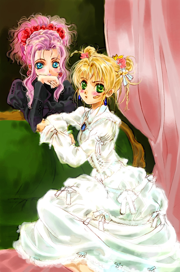 berries (artist), nishida asako, aeru (simoun), neviril (simoun), simoun, 00s, aqua eyes, bandaid, dress, green eyes, pink hair