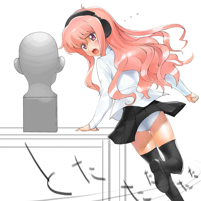 a1 (initial-g), louise francoise le blanc de la valliere, zero no tsukaima, bad id, tagme, 00s, headphones, long hair, panties, pink hair, skirt, thighhighs, underwear, zettai ryouiki