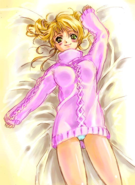 berries (artist), nishida asako, aeru (simoun), simoun, 00s, 1girl, aran sweater, bed, blonde hair, blue panties, blush, blush stickers, cable knit, female focus, green eyes, long hair, lying, no pants, panties, solo, sweater, underwear