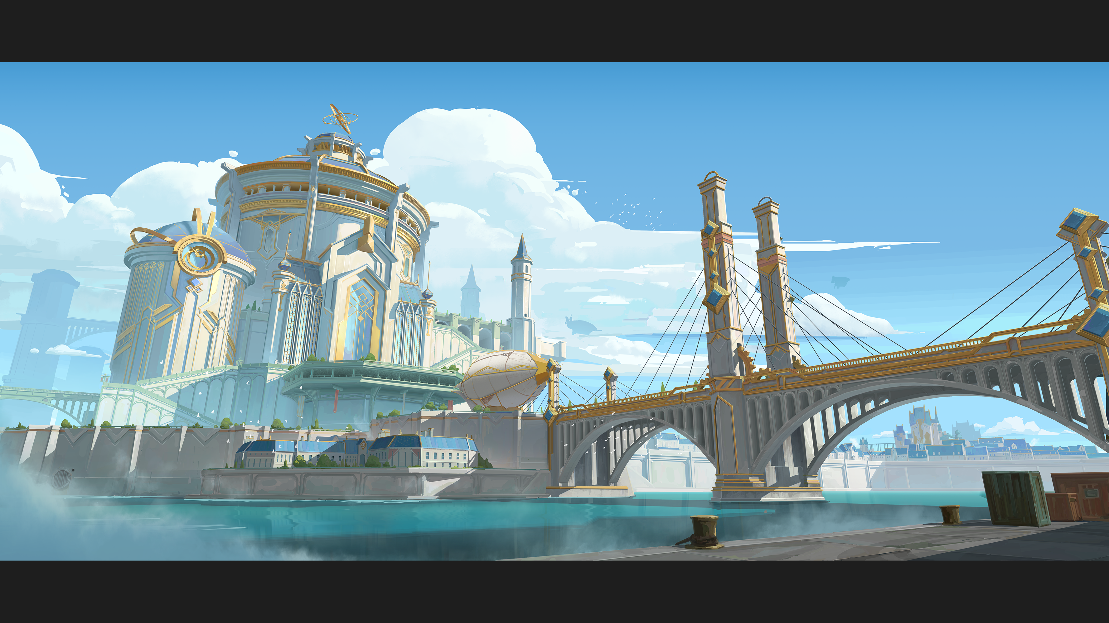 original, absurdres, chinese commentary, commentary request, highres, aircraft, arch, architecture, blue sky, bridge, building, cable-stayed bridge, cloud, cloudy sky, day, dirigible, flock, letterboxed, no humans, reflection, reflective water, river, scenery, shadow, simple bird, sky, spire, sunlight, water, zi dianli chang
