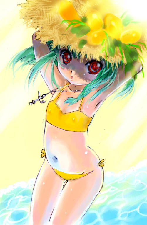 berries (artist), nishida asako, limone (simoun), simoun, official art, 00s, 1girl, armpits, arms up, bikini, braid, covered erect nipples, female focus, flat chest, green hair, hat, jewelry, loli, navel, necklace, open mouth, red eyes, solo, straw hat, swimsuit, water, yellow bikini