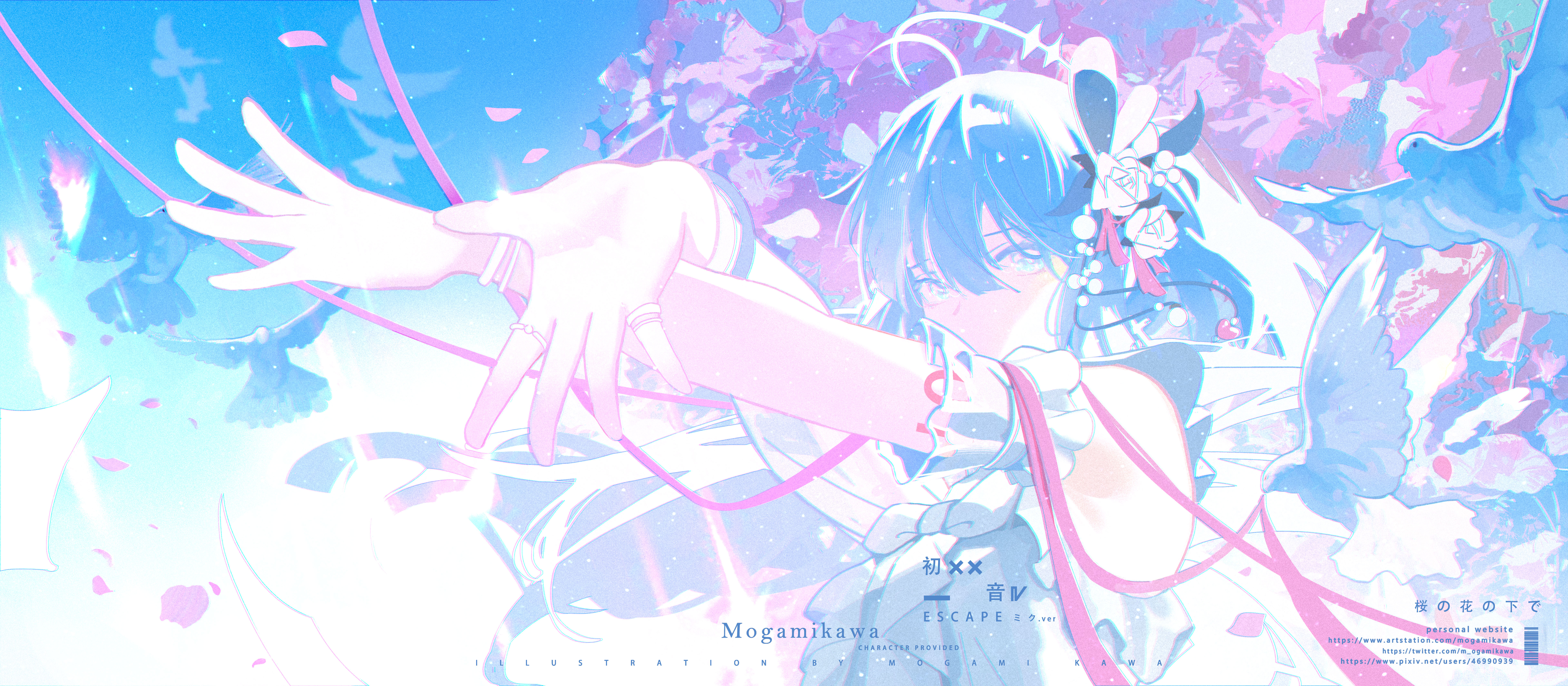 mogamigawa (mwft8758), hatsune miku, vocaloid, absurdres, highres, 1girl, arm tattoo, armpits, bare shoulders, bird, blue eyes, blue hair, blue ribbon, bow, dress, hair between eyes, hair ribbon, long hair, looking at viewer, number tattoo, ribbon, solo, tattoo, twintails, very long hair, white bow, white dress