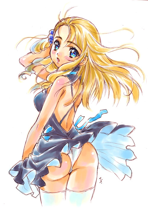 nishida asako, yun (simoun), simoun, 00s, 1girl, :o, adjusting hair, ass, back, backless dress, backless outfit, bare back, blonde hair, blue dress, blue eyes, blue skirt, blush, dress, female focus, from behind, hair bobbles, hair ornament, long hair, looking back, open mouth, panties, pantyshot, short dress, skirt, solo, surprised, thighhighs, turtleneck, underwear, upskirt, white panties, white thighhighs, wind, wind lift