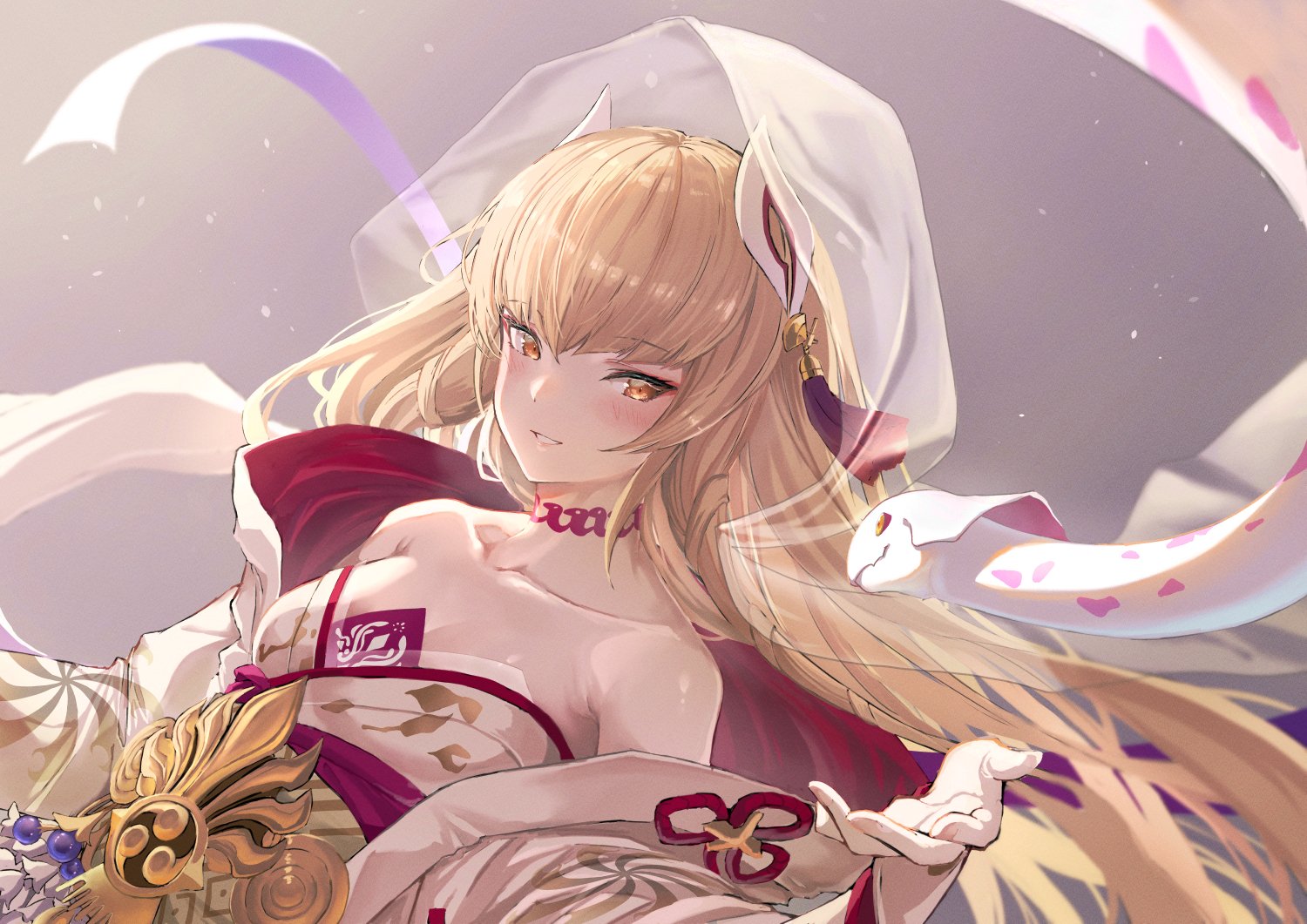 beruu, indala (granblue fantasy), granblue fantasy, 1girl, bare shoulders, blonde hair, blush, breasts, collarbone, japanese clothes, kimono, long hair, looking at viewer, medium breasts, smile, solo, upper body, white hood, white kimono, yellow eyes