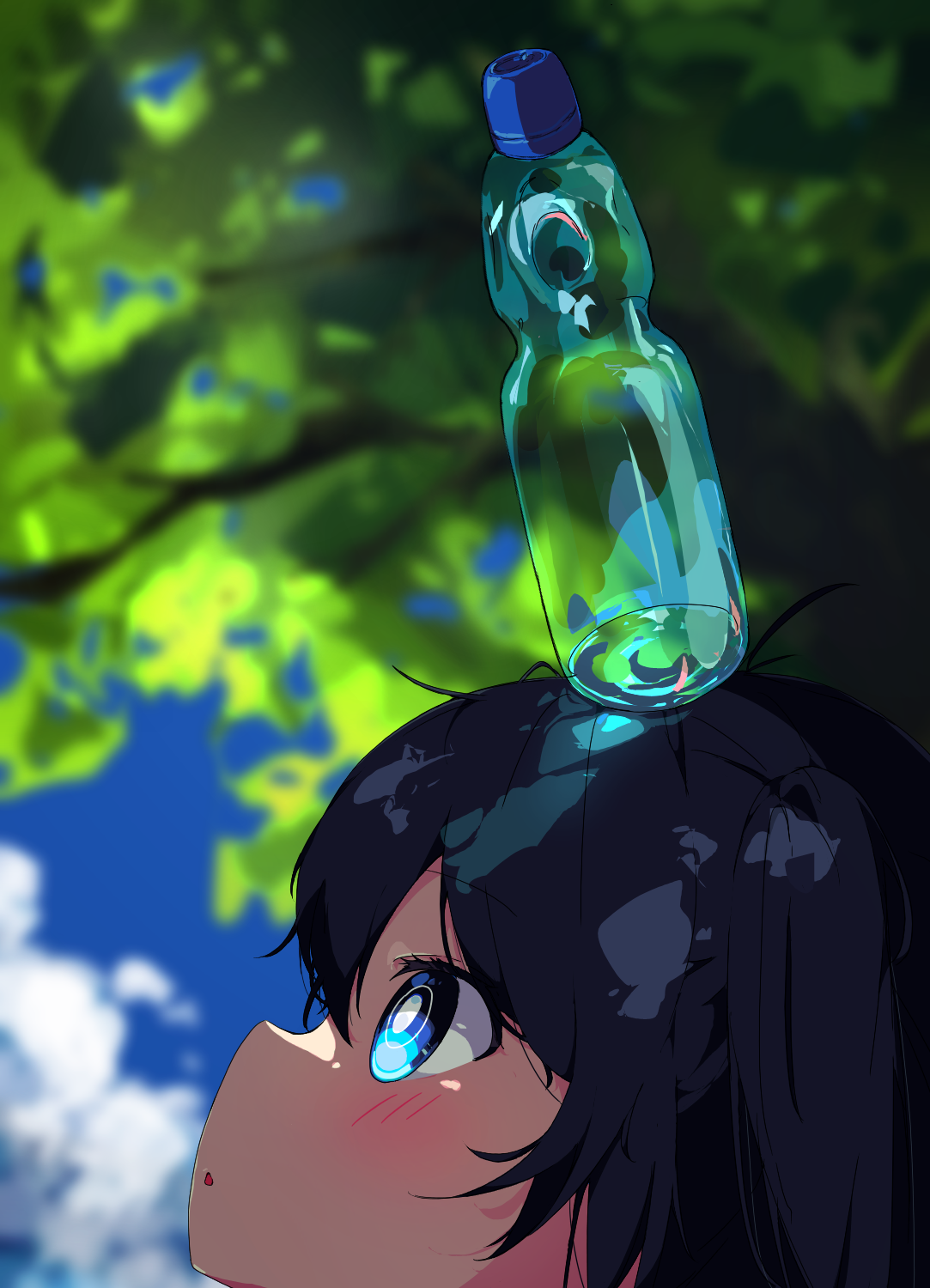 original, highres, 1girl, black hair, blue eyes, blurry, blurry background, bottle, bright pupils, day, from side, kannpoyu, object on head, outdoors, profile, ramune, solo, summer, tree, white pupils