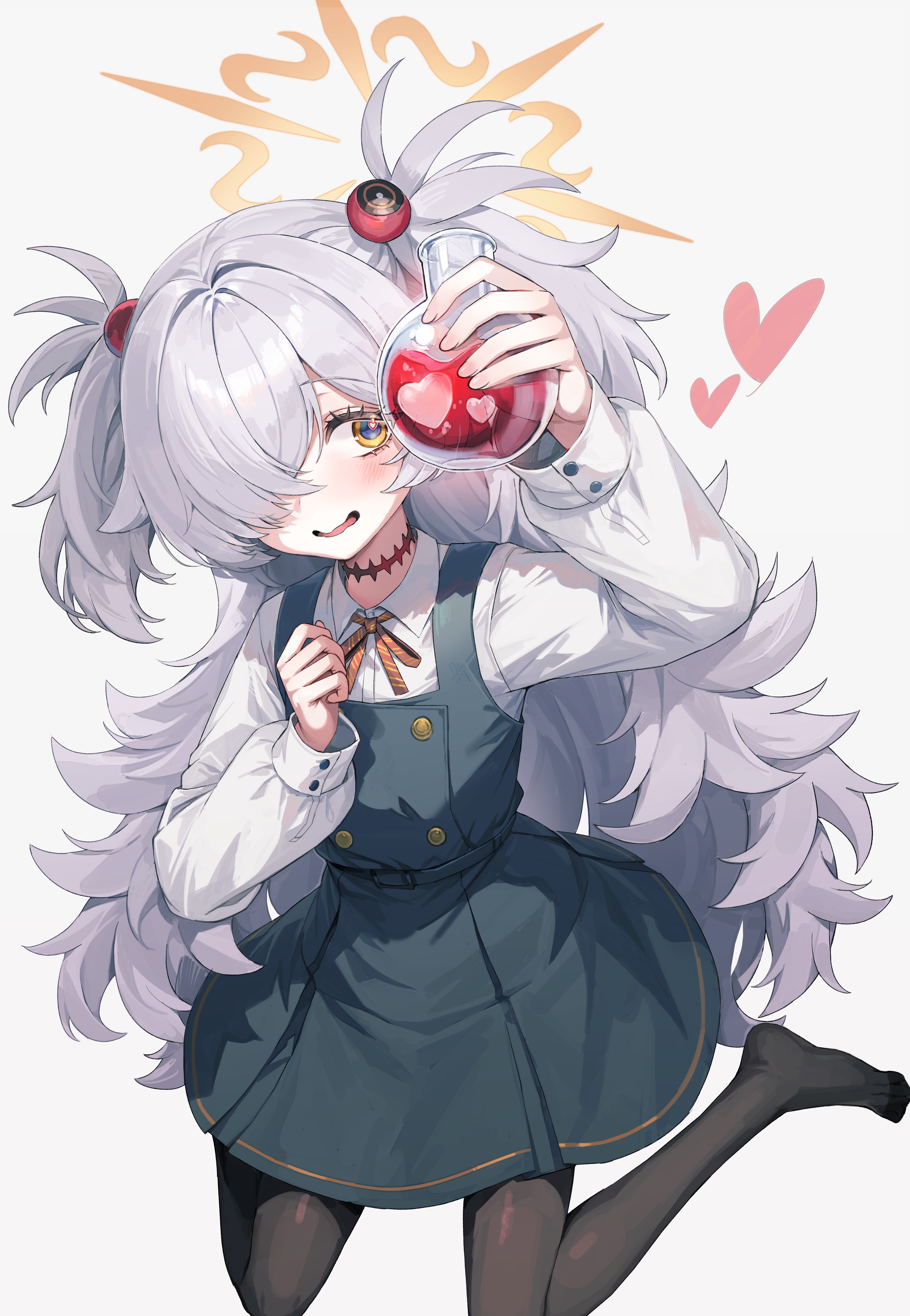 manic shd, kanoe (blue archive), blue archive, absurdres, highres, 1girl, black pantyhose, blush, bottle, brown eyes, brown halo, brown ribbon, dress, grey dress, grey hair, hair over one eye, halo, holding, holding bottle, long hair, no shoes, open mouth, pantyhose, ribbon, shirt, sidelocks, sitting, solo, two side up, wariza, white shirt
