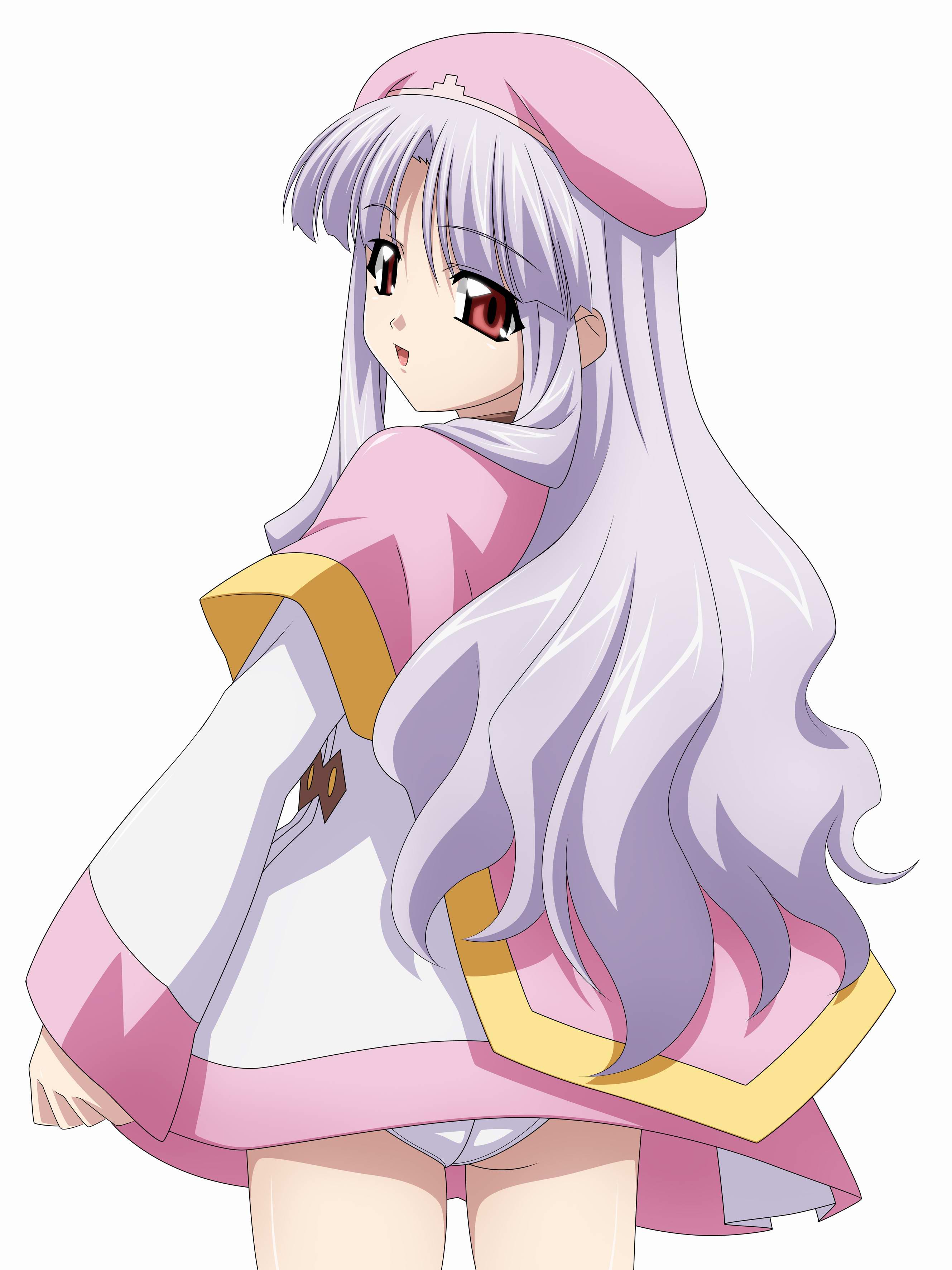 sugimura tomokazu, azmaria hendric, chrno crusade, absurdres, highres, 1girl, back, beret, dress, female focus, hat, long hair, looking back, multicolored dress, panties, pantyshot, red eyes, short dress, solo, standing, underwear, white hair, white panties