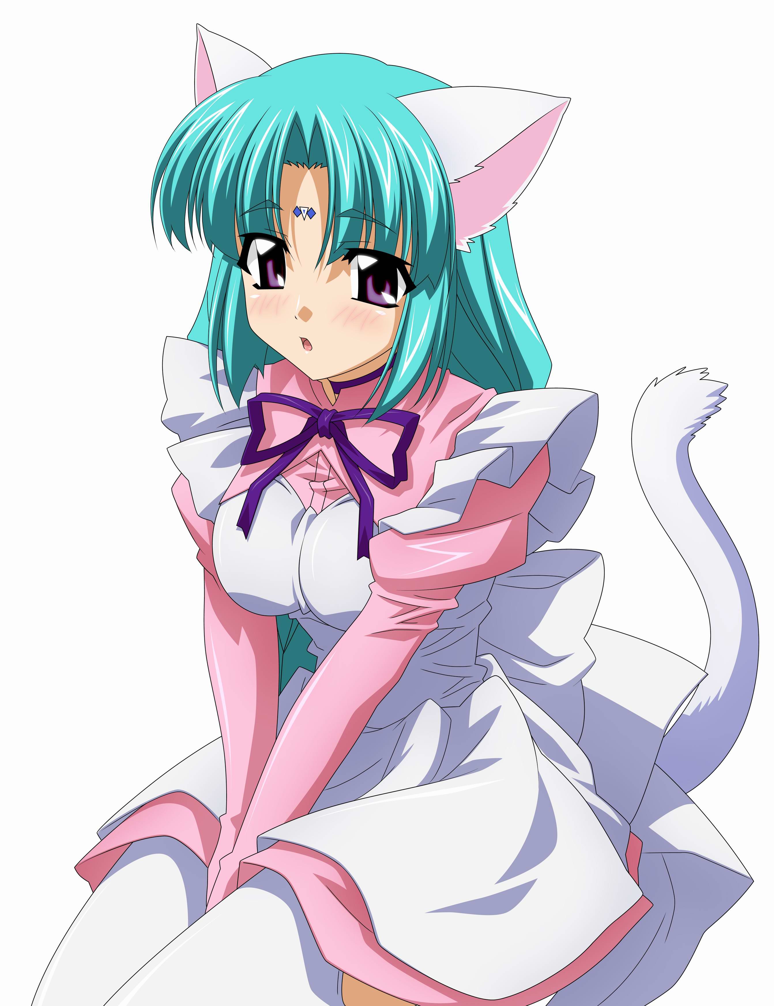 sugimura tomokazu, canal vorfeed, lost universe, absurdres, highres, 1990s (style), animal ears, cat ears, cat tail, cowboy shot, maid, retro artstyle, simple background, solo, tail, thighhighs, white background, white thighhighs