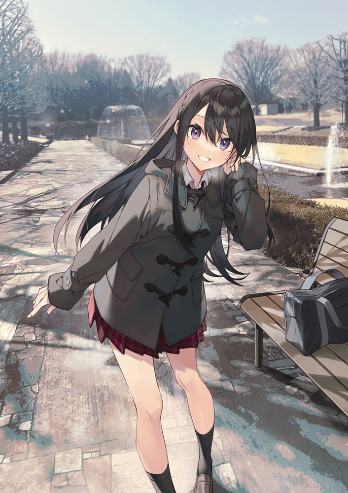 shirako miso, nikaidou haruki, tenkou saki no seiso karen na bishoujo ga mukashi danshi to omotte issho ni asonda osananajimi datta ken, official art, second-party source, 1girl, bag, bench, black hair, black socks, collared shirt, grey jacket, jacket, long hair, long sleeves, looking at viewer, open mouth, outdoors, photo background, pleated skirt, purple eyes, red skirt, shirt, skirt, socks, solo, white shirt, wooden bench