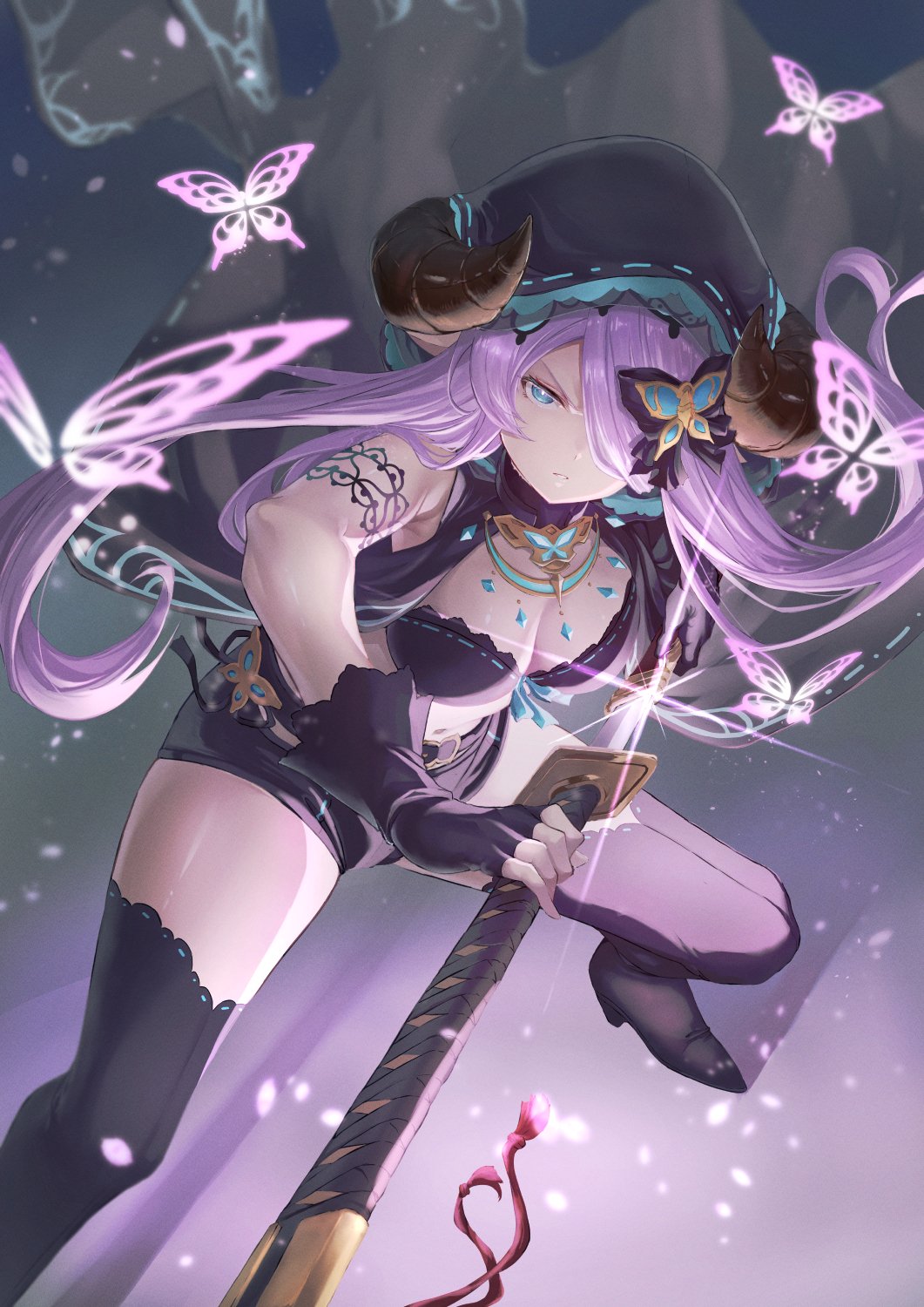 beruu, narmaya (granblue fantasy), granblue fantasy, highres, 1girl, black boots, black gloves, black shorts, blue eyes, boots, breasts, bug, butterfly, cleavage, draph, fingerless gloves, gloves, hair over one eye, horns, insect, large breasts, long hair, looking at viewer, pointy ears, purple hair, shorts, solo, thigh boots