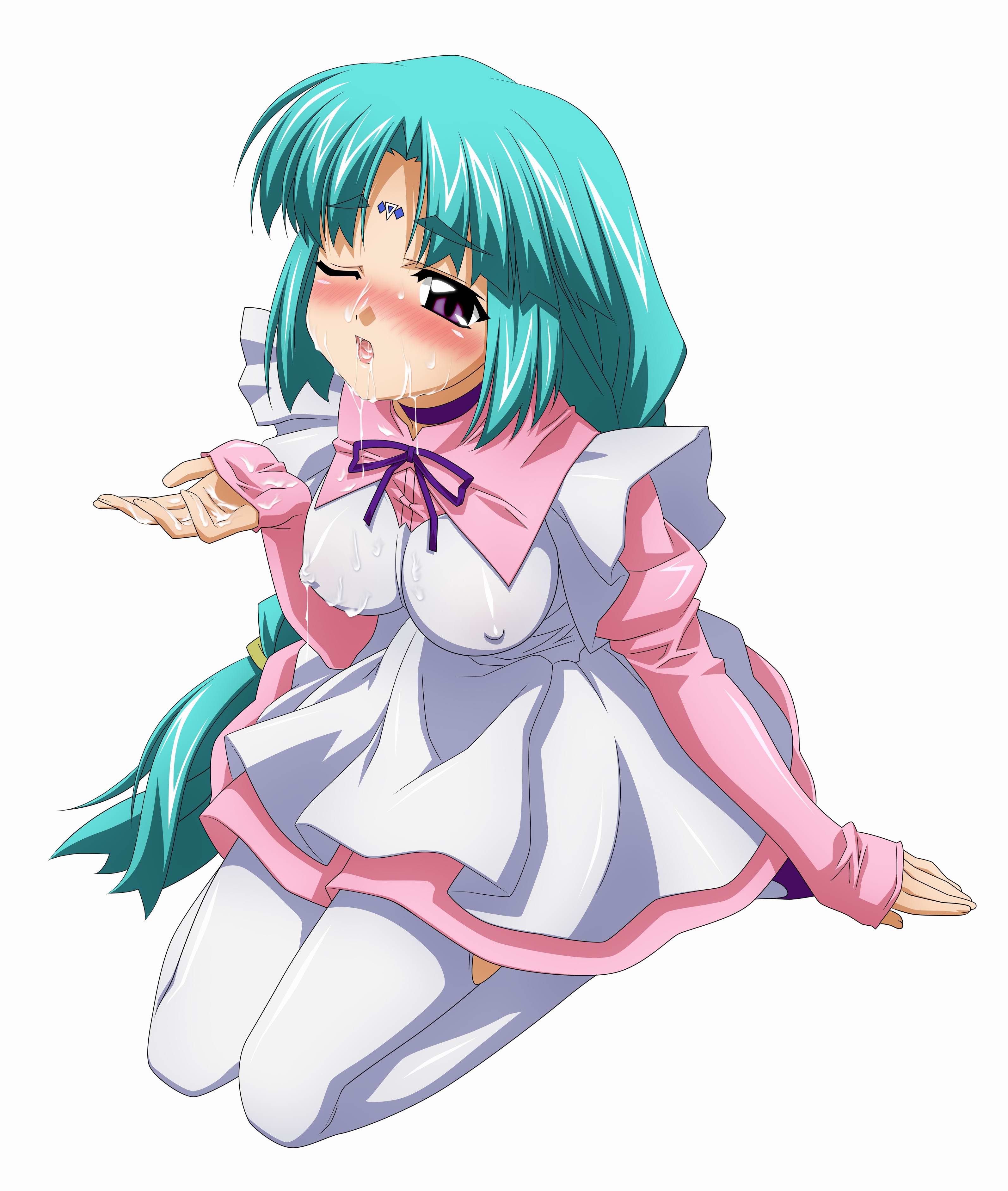 sugimura tomokazu, canal vorfeed, lost universe, absurdres, highres, 1990s (style), 1girl, blush, braid, breasts, choker, covered erect nipples, cum, cum in mouth, cum on body, cum on breasts, cum on upper body, cumdrip, cupping hand, facial, female focus, full body, large breasts, long hair, maid, one eye closed, retro artstyle, simple background, sitting, solo, thighhighs, twin braids, white background, white thighhighs, wink