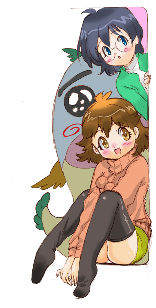 nishida asako, billy (shichinin no nana), onodera hitomi, suzuki nana, shichinin no nana, 00s, 2girls, black hair, blue eyes, blush, brown eyes, brown hair, glasses, monster, multiple girls, thighhighs