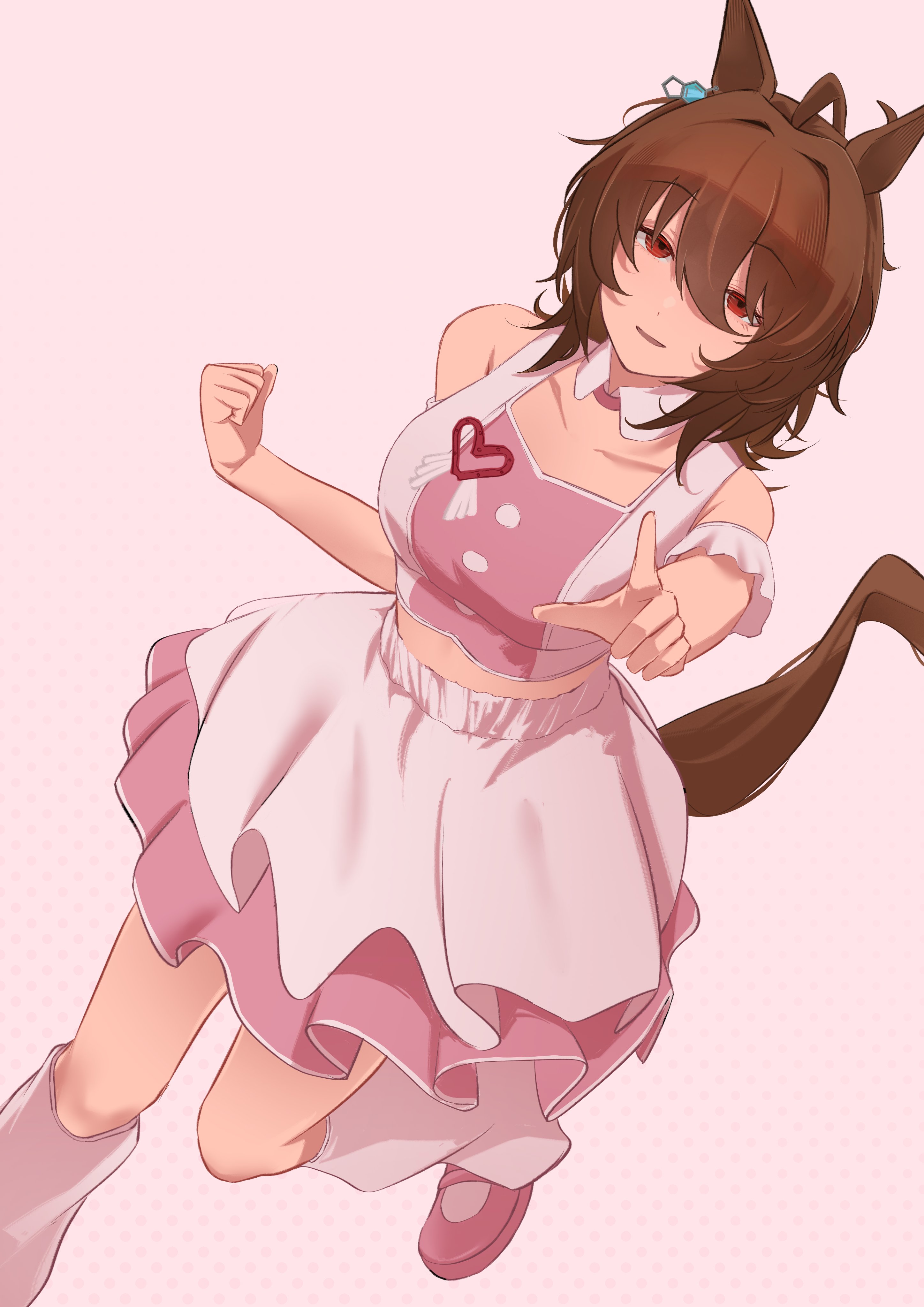 sei (bigaa), agnes tachyon (umamusume), umamusume, absurdres, highres, 1girl, animal ears, bare shoulders, brown hair, clenched hand, hair between eyes, horse ears, horse girl, horse tail, leg warmers, looking at viewer, open mouth, pink leg warmers, pink shirt, pink shoes, pink skirt, pointing, pointing at viewer, red eyes, shirt, shoes, short hair, sidelocks, skirt, solo, standing, standing on one leg, tail