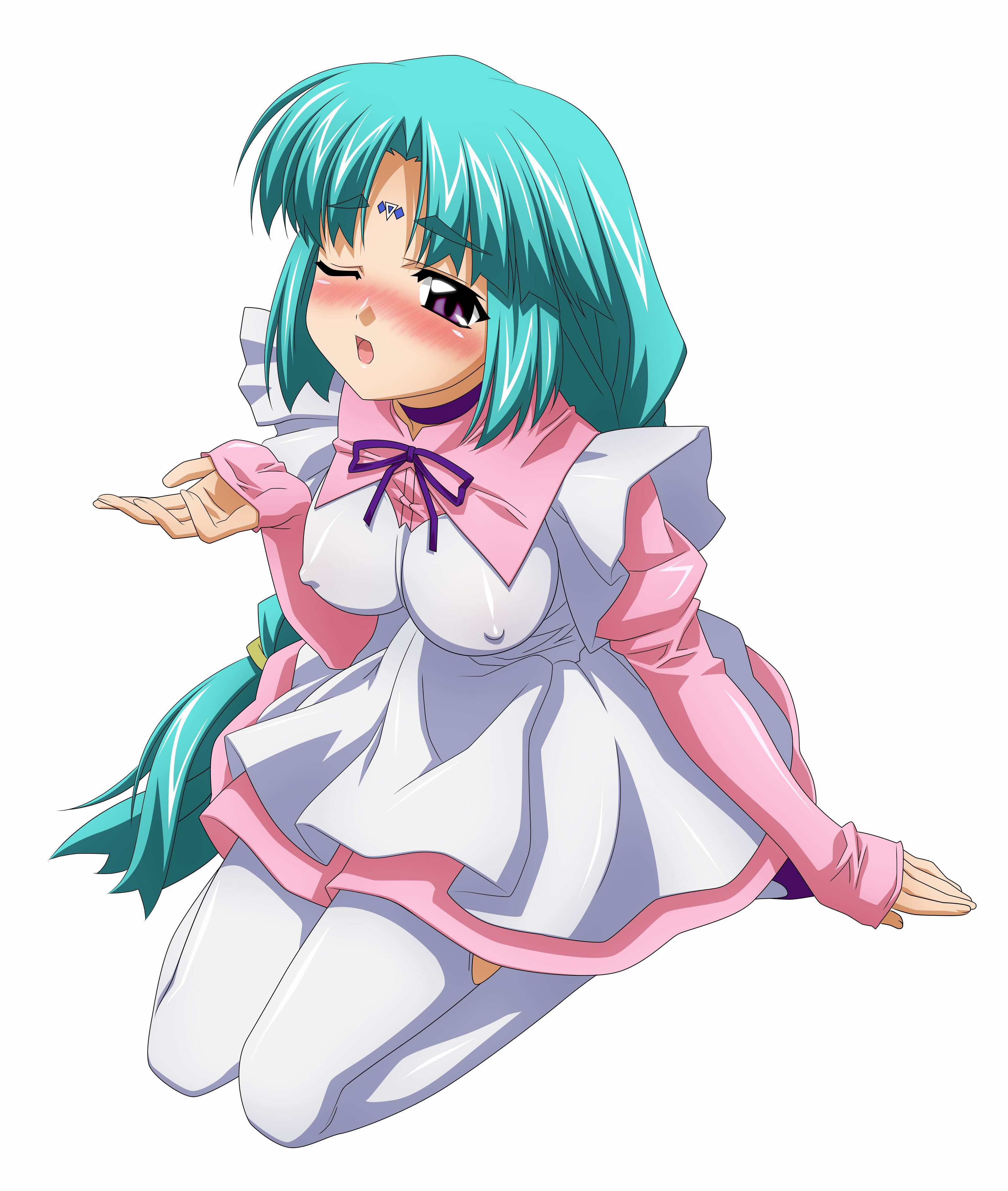 sugimura tomokazu, canal vorfeed, lost universe, absurdres, highres, 1990s (style), 1girl, braid, breasts, covered erect nipples, female focus, full body, medium breasts, retro artstyle, simple background, sitting, solo, thighhighs, twin braids, white background, white thighhighs
