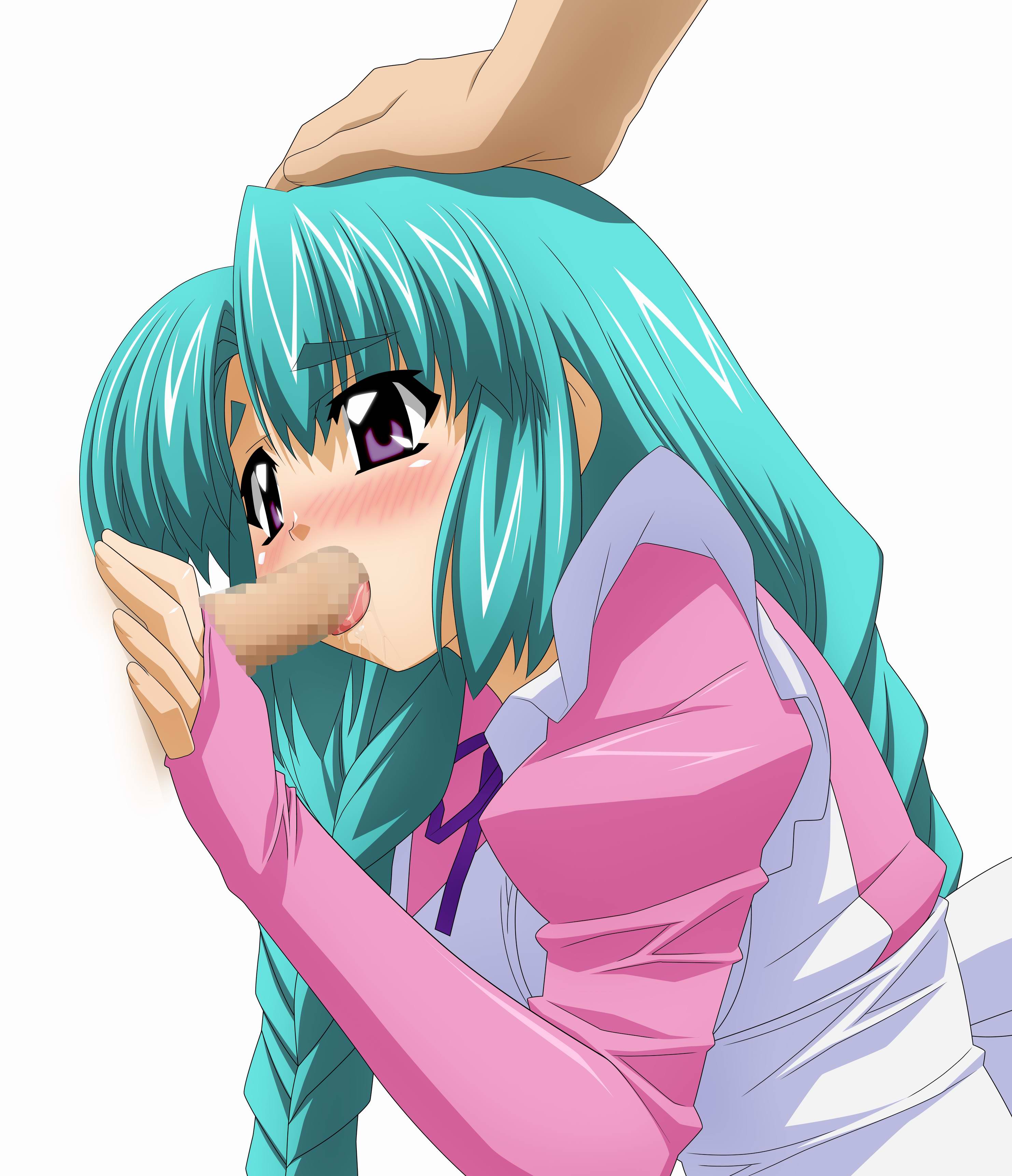 sugimura tomokazu, canal vorfeed, lost universe, absurdres, highres, 1990s (style), 1girl, braid, censored, fellatio, green hair, hand on another's head, oral, penis, retro artstyle, saliva, solo focus