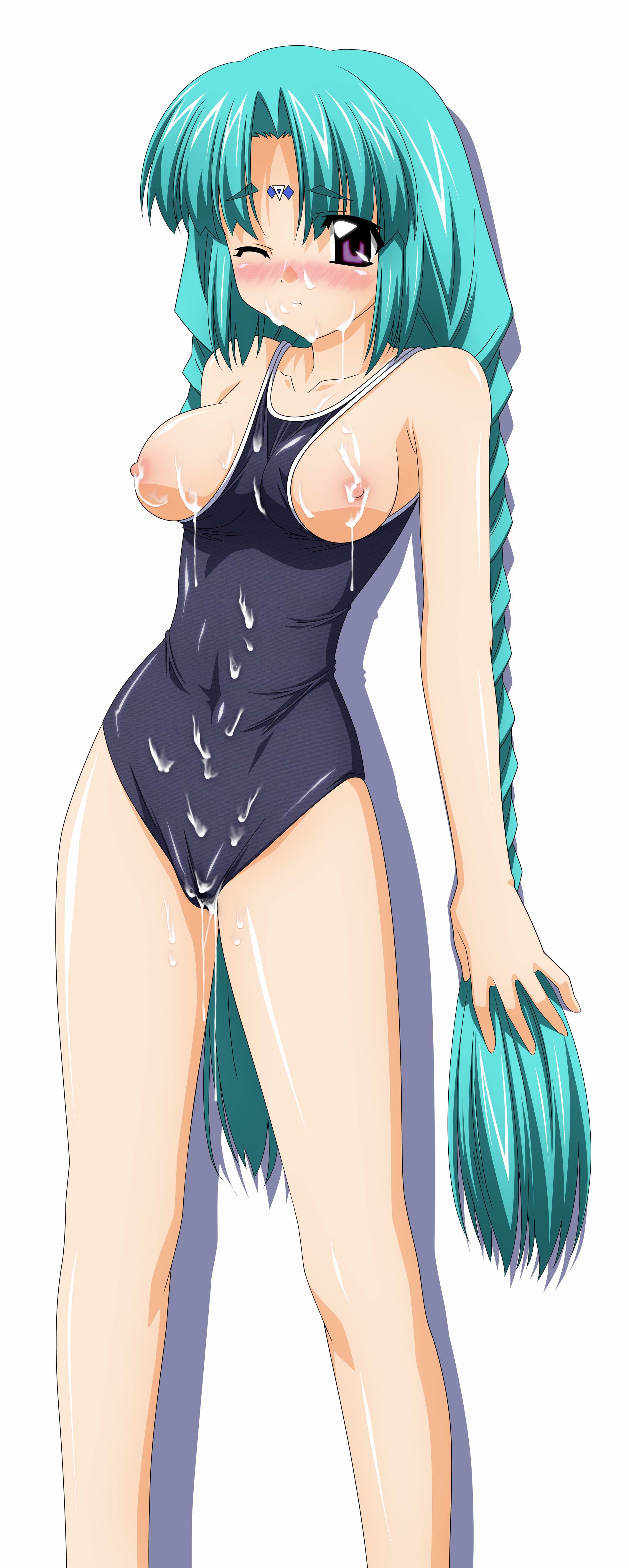 sugimura tomokazu, canal vorfeed, lost universe, absurdres, highres, 1990s (style), 1girl, ;(, aqua hair, arms at sides, bare arms, bare legs, bare shoulders, black one-piece swimsuit, braid, breasts, breasts out, closed mouth, collarbone, competition swimsuit, covered navel, cum, cum on body, cum on breasts, cum on clothes, cum on upper body, facial, facial mark, female focus, forehead mark, legs apart, long hair, looking at viewer, nipples, one-piece swimsuit, parted bangs, purple eyes, raised eyebrows, retro artstyle, school swimsuit, shiny skin, simple background, skin tight, solo, standing, swimsuit, tareme, twin braids, very long hair, white background