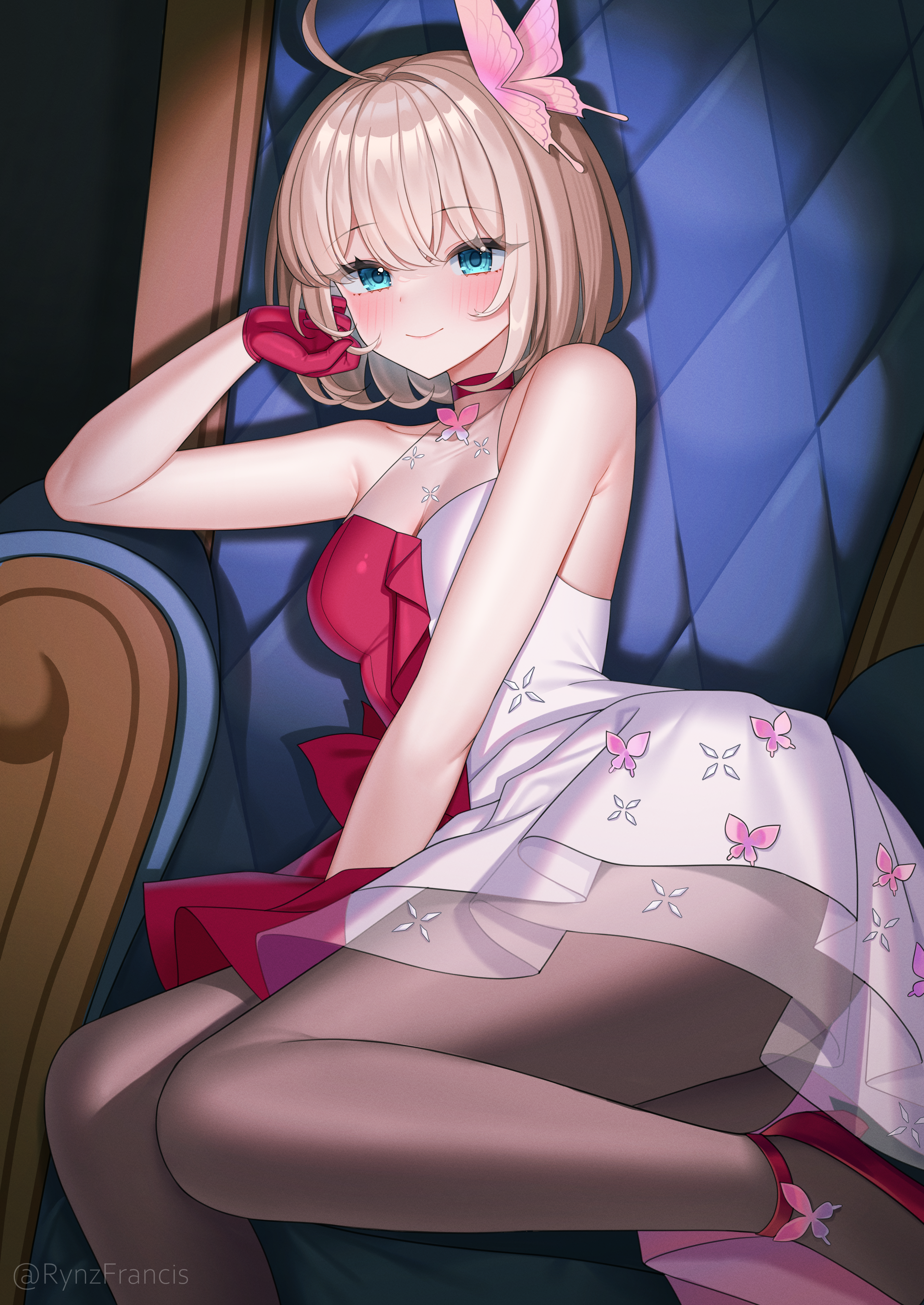 rynzfrancis, c-93 (fluttering butterfly) (girls' frontline), c-93 (girls' frontline), girls' frontline, absurdres, highres, 1girl, aqua eyes, armpits, artist name, bare shoulders, blonde hair, breasts, butterfly hair ornament, chair, closed mouth, dress, gloves, hair ornament, medium breasts, medium hair, multicolored dress, official alternate costume, on chair, pantyhose, red dress, red gloves, red shoes, shoes, sitting, solo, white dress
