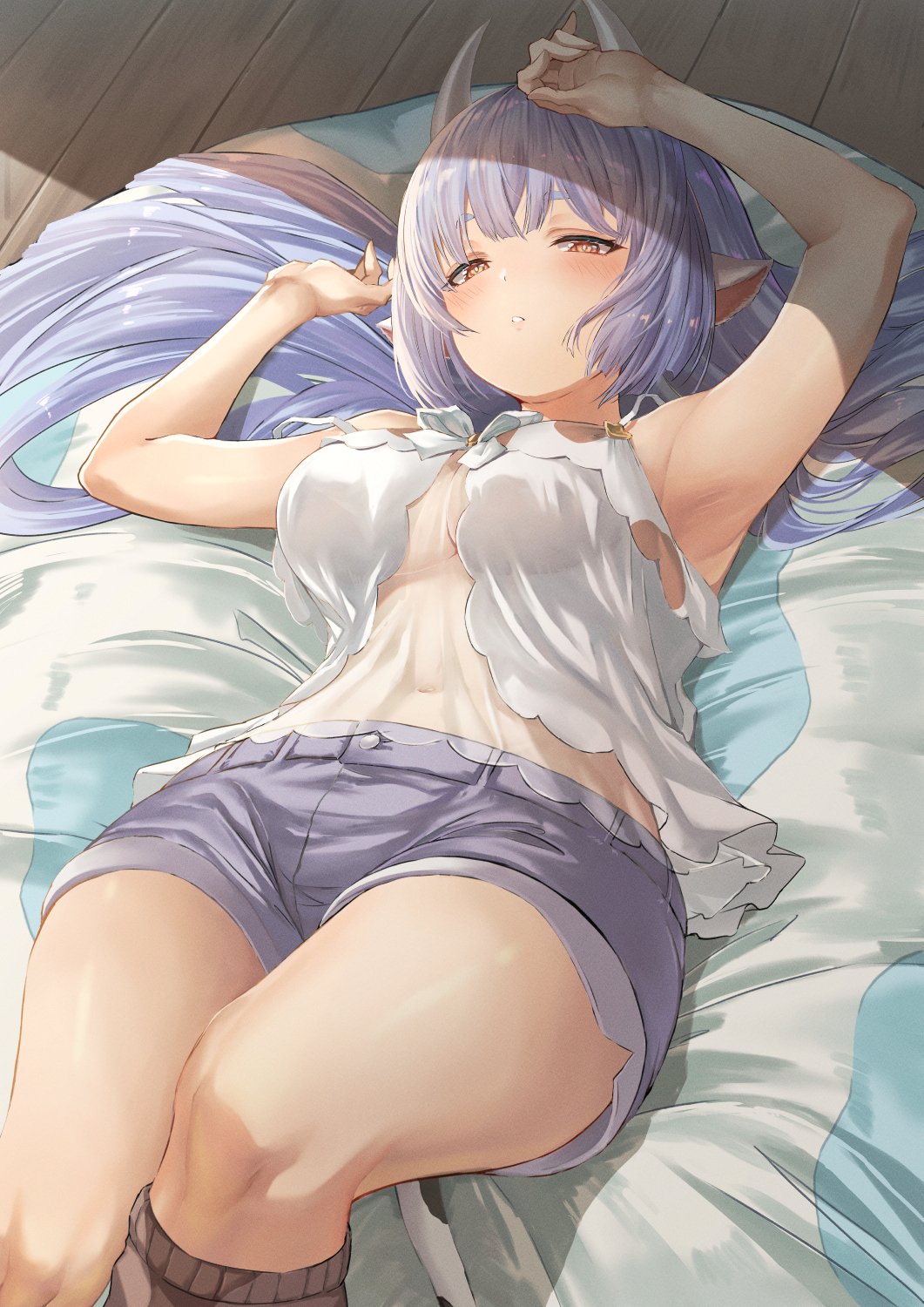 beruu, catura (granblue fantasy), granblue fantasy, highres, 1girl, animal ears, armpits, blue hair, breasts, brown eyes, covered navel, cow ears, cow girl, cow horns, draph, feet out of frame, horns, long hair, looking at viewer, lying, on back, short shorts, shorts, solo