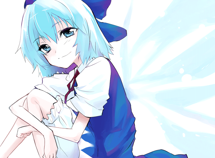 haruno tomoya, cirno, embodiment of scarlet devil, touhou, 1girl, bloomers, blue eyes, blue hair, bow, dress, female focus, hair bow, hugging own legs, matching hair/eyes, neck ribbon, pale skin, ribbon, sitting, smile, solo, underwear, white bloomers, wings