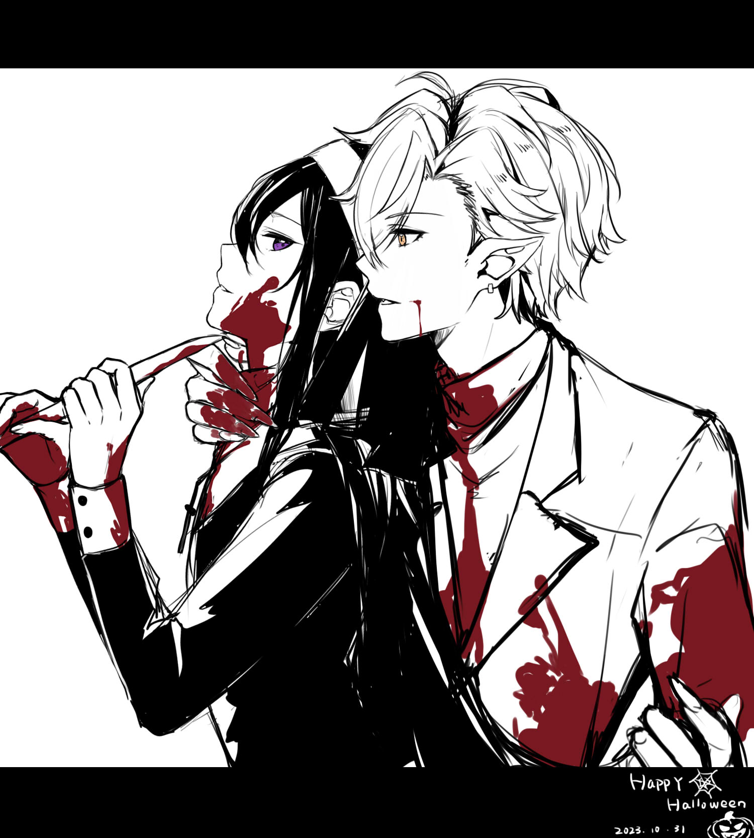 nancy980216, kanzaki souma, otogari adonis, ensemble stars!, highres, arched back, black border, black dress, black veil, blood, blood on clothes, blood on face, blood on hands, bloody weapon, border, collared jacket, cross, cross necklace, crossdressing, crossdressing (mtf), curtained hair, dated, dress, earrings, fingernails, guimpe, hair between eyes, hair slicked back, halloween costume, hand in another's hair, hand on another's neck, happy halloween, head back, holding, holding knife, jack-o'-lantern, jacket, jewelry, knife, letterboxed, long hair, long sleeves, looking at another, necklace, nun, parted lips, pointy ears, purple eyes, sharp fingernails, short hair, side part, sidelocks, silk, simple background, spider web, spot color, veil, weapon, white background, yellow eyes