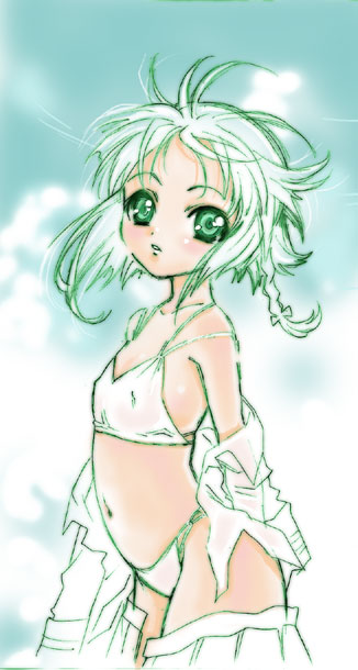 nishida asako, 1girl, female focus, flat chest, green eyes, panties, partially colored, sky, solo, underwear, undressing