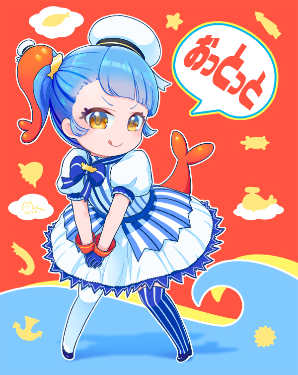 mizuki maya, original, commentary request, 1girl, :q, asymmetrical legwear, blue dress, blue gloves, blue hair, blue thighhighs, dress, full body, gloves, hat, looking at viewer, mini hat, mismatched legwear, multicolored hair, orange hair, ottotto (food), pantyhose, personification, pinstripe thighhighs, puffy short sleeves, puffy sleeves, short hair, short sleeves, speech bubble, streaked hair, thighhighs, tongue, tongue out, uneven legwear, v-shaped eyebrows, white hat, white pantyhose, yellow eyes