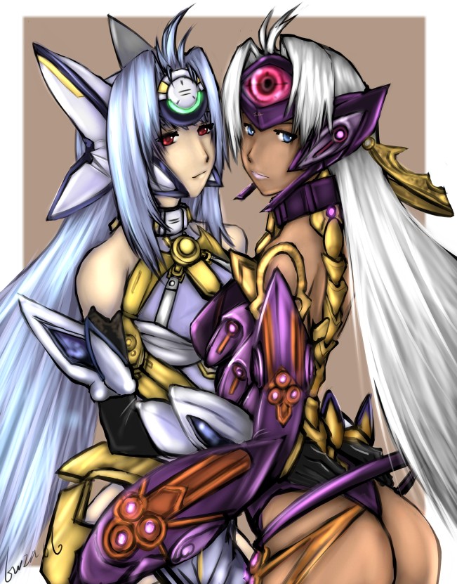 kos-mos, t-elos, xenosaga, 00s, blue hair, dark skin, red eyes