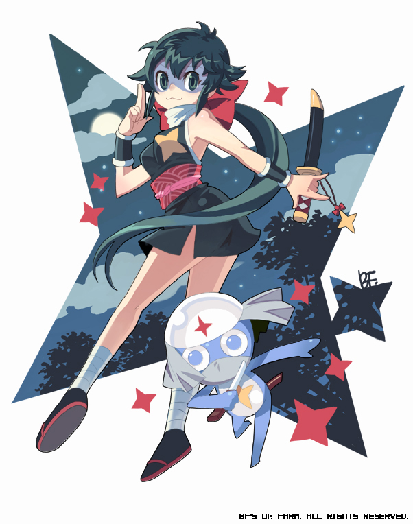 bf. (sogogiching), azumaya koyuki, dororo, dororo (keroro gunsou), keroro gunsou, 1girl, bare shoulders, black hair, blue eyes, creature, frills, full body, japanese clothes, kimono, ninja, short hair, short kimono, simple background, standing, thighs, white background, wristband