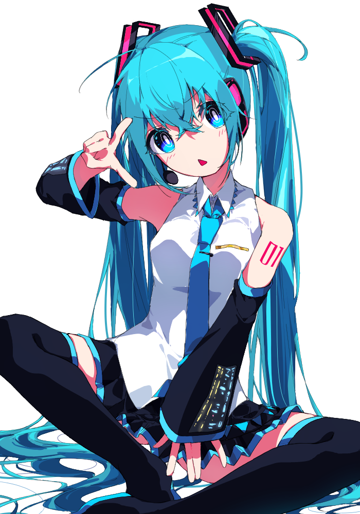 hatsune miku, vocaloid, 1girl, bare shoulders, black boots, black necktie, black skirt, black sleeves, blue eyes, blue hair, boots, bright pupils, crossed ankles, detached sleeves, hair ornament, hand up, kannpoyu, long hair, miniskirt, necktie, pleated skirt, shirt, simple background, sitting, skirt, sleeveless, sleeveless shirt, solo, thigh boots, twintails, v, very long hair, white pupils, white shirt