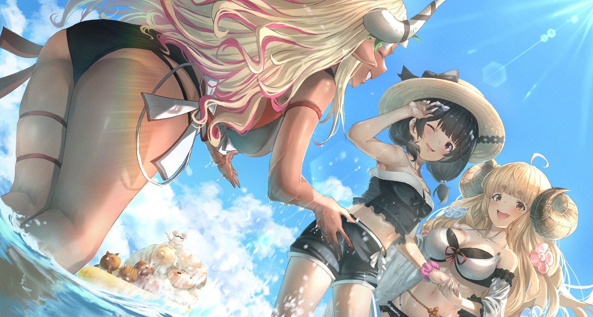 beruu, granblue fantasy, character request, highres, 3girls, ahoge, ass, bikini, black hair, black swim trunks, blonde hair, blunt bangs, boar, breasts, brown hat, cleavage, draph, hat, horns, large breasts, lens flare, multiple girls, partially submerged, red eyes, sheep, sun hat, swimsuit, white bikini, yellow eyes
