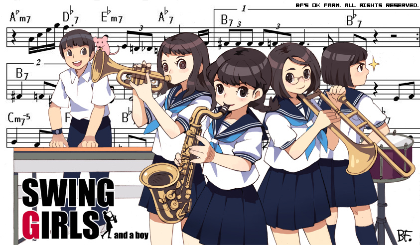 bf. (sogogiching), swing girls, 1boy, 4girls, artistic error, beamed quavers, crotchet rest, drum, flat sign, instrument, multiple girls, musical note, musical staff, quaver, saxophone, school uniform, serafuku, sharp sign, sheet music, trombone, trumpet