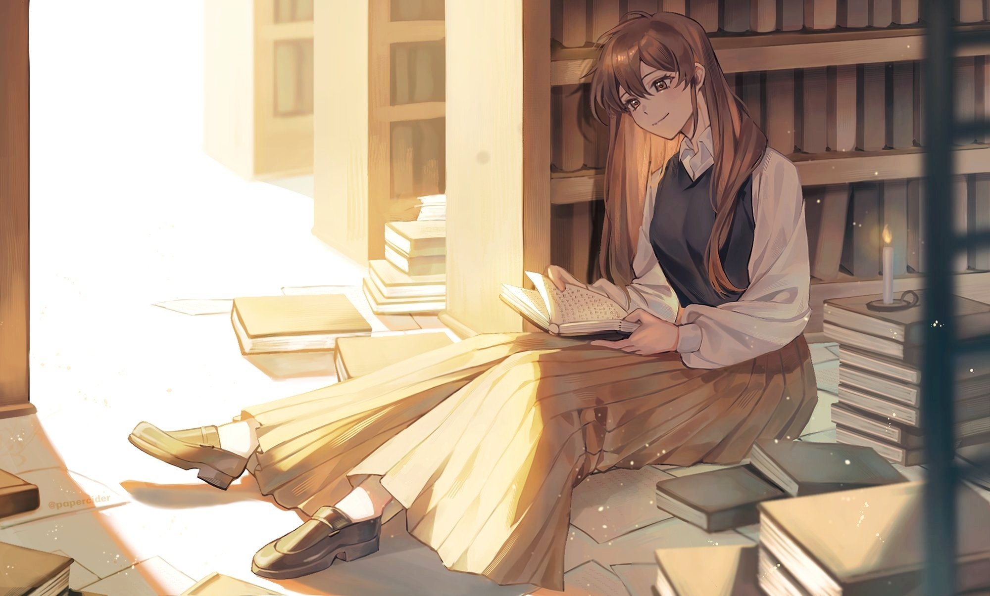 papercider, character request, commentary, copyright request, english commentary, highres, 1girl, black sweater vest, book, bookshelf, brown eyes, brown hair, brown shoes, brown skirt, brown theme, candle, closed mouth, collared shirt, day, double-parted bangs, hair between eyes, hair over shoulder, holding, holding book, indoors, library, light smile, loafers, long bangs, long hair, long skirt, long sleeves, on floor, open book, pile of books, pleated skirt, reading, shadow, shirt, shoes, sitting, skirt, solo, sunlight, sweater vest, white shirt, wing collar