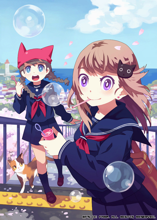bf. (sogogiching), 2girls, blowing bubbles, braid, bubble, cat, day, happy, multiple girls, school uniform, serafuku, sky, twin braids