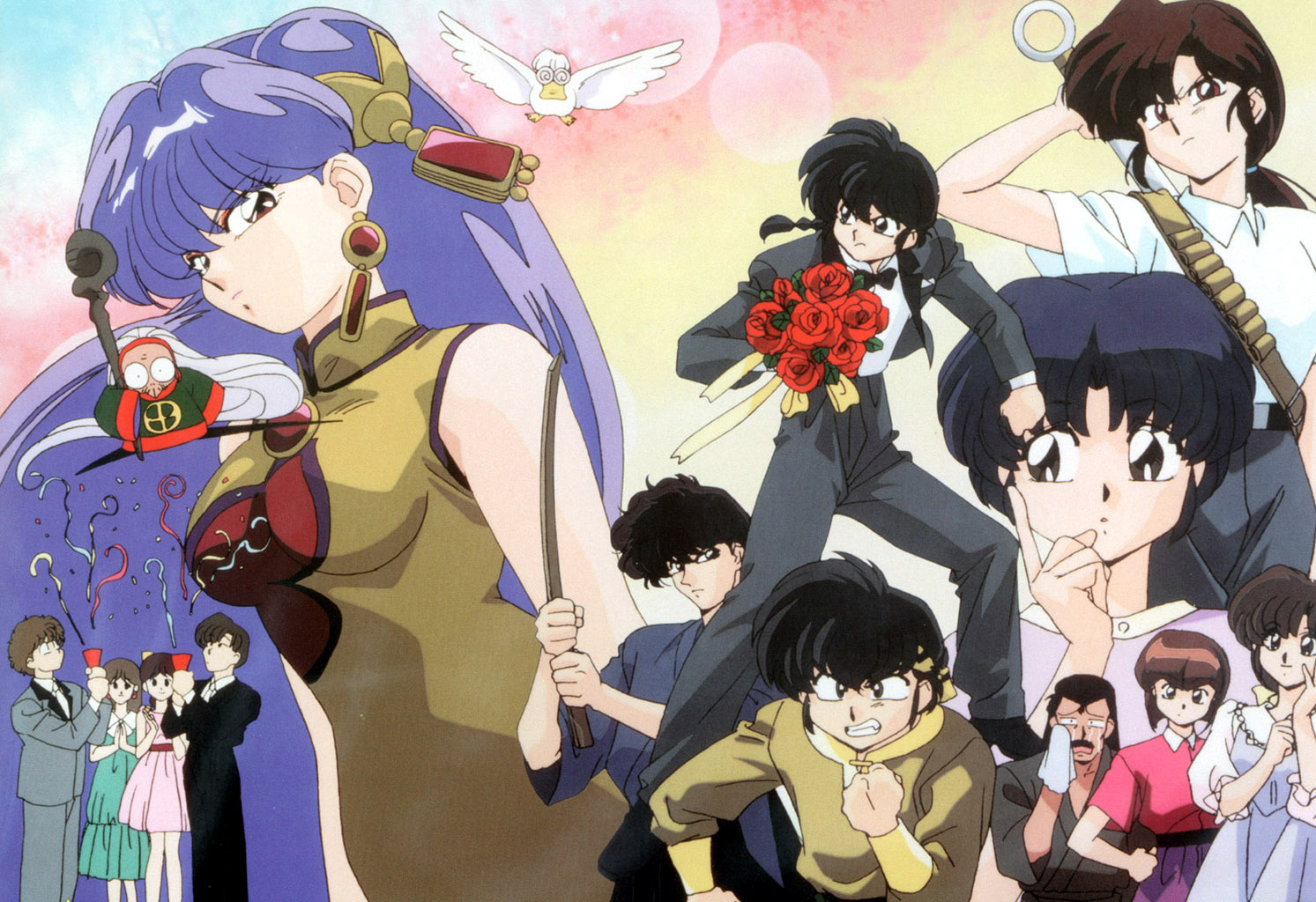 nakajima atsuko, cologne (ranma 1/2), daisuke (ranma 1/2), hibiki ryouga, hiroshi (ranma 1/2), kunou tatewaki, kuonji ukyou, mousse (duck) (ranma 1/2), mousse (ranma 1/2), saotome ranma, shampoo (ranma 1/2), tendou akane, tendou kasumi, tendou nabiki, tendou souun, ranma 1/2, non-web source, official art, 1990s (style), 6+boys, 6+girls, age difference, angry, bare shoulders, black hair, blue hair, bokken, braid, brown hair, china dress, chinese clothes, confetti, dress, father and daughter, flower, formal clothes, multiple boys, multiple girls, red flower, red rose, retro artstyle, rose, serious, siblings, sisters, suit, sword, weapon, white hair, wooden sword