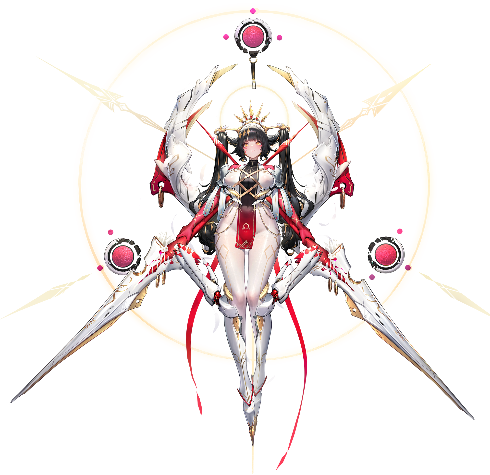 dk.senie, crosscore, highres, 1girl, black hair, blunt bangs, bodysuit, breasts, closed mouth, crown, dual wielding, extra arms, floating, gloves, headgear, holding, holding weapon, horns, large breasts, long hair, looking at viewer, mole, mole under eye, pantyhose, pelvic curtain, red eyes, red gloves, skin tight, solo, sunrise (crosscore), sword, tiara, very long hair, weapon, white bodysuit, white pantyhose, yellow eyes