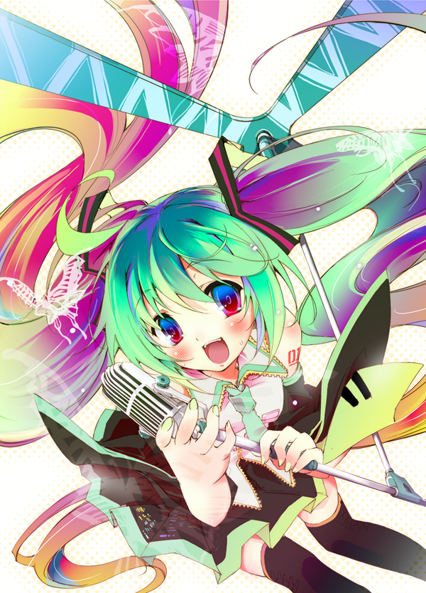 kamiya yuu, hatsune miku, vocaloid, 1girl, aqua hair, blush, bug, butterfly, colorful, detached sleeves, female focus, green nails, insect, long hair, microphone, microphone stand, multicolored hair, nail polish, necktie, solo, thighhighs, twintails, very long hair