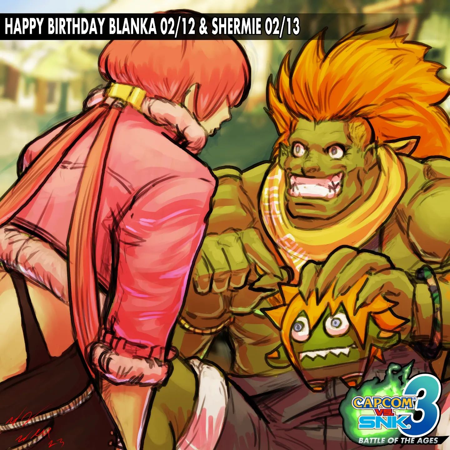blanka, shermie (kof), street fighter, the king of fighters, 1girl, dress, female focus, fluffy, jacket, long hair, orange hair, ponytail, red hair, smile, smiley face, taurence bell, twintails, very long hair, wide hips