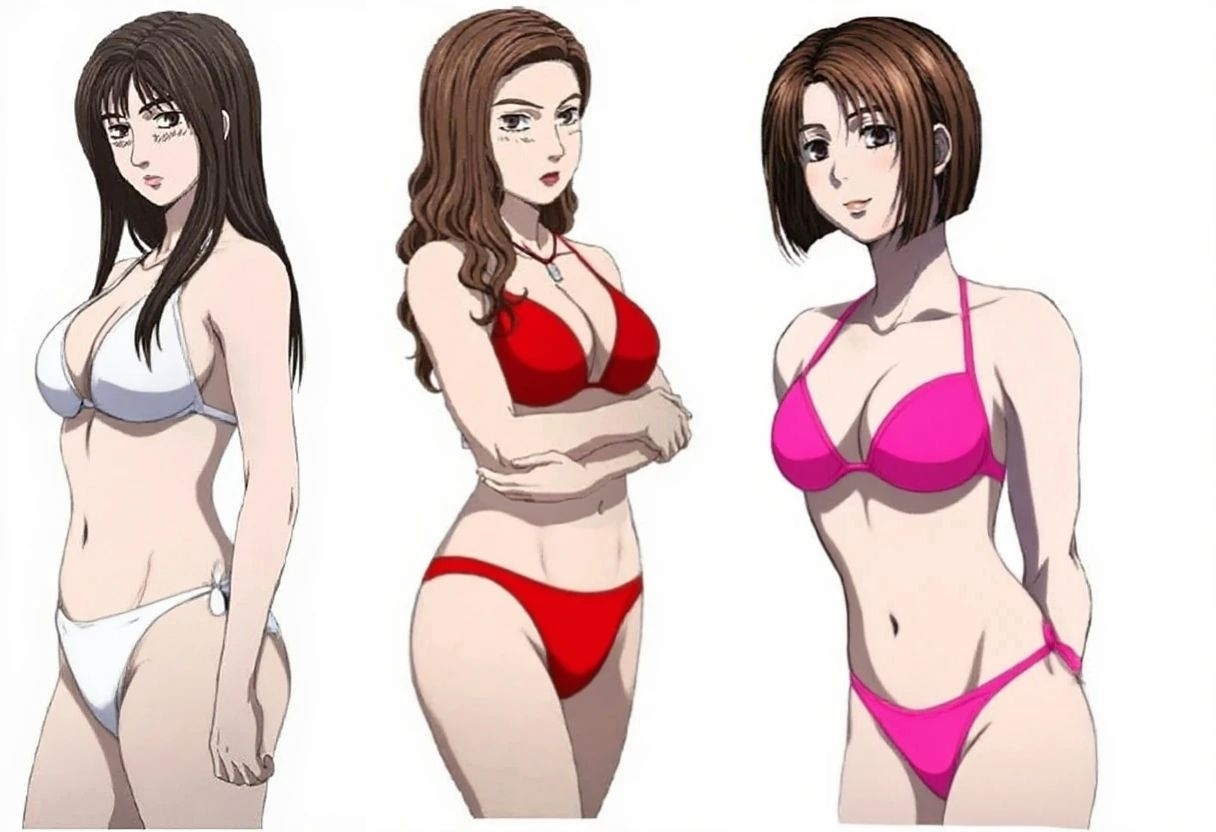 mogi natsuki, satou mako, sayuki (initial d), initial d, shin gekijouban initial d, official art, 3girls, armpits, bare legs, belly, bikini, breasts, cleavage, frilled bikini, frills, huge breasts, lowleg, lowleg bikini, medium breasts, multiple girls, navel, pink bikini, red bikini, swimsuit, white bikini