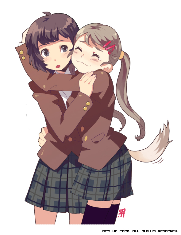 bf. (sogogiching), 2girls, :3, blush, hug, multiple girls, school uniform, serafuku, tail, thighhighs, twintails