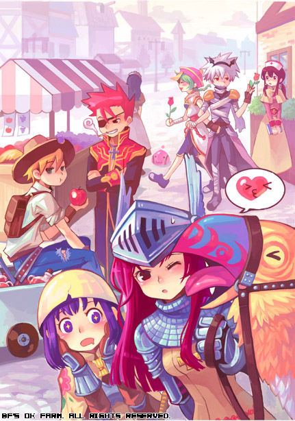 bf. (sogogiching), acolyte (ragnarok online), assassin (ragnarok online), blacksmith (ragnarok online), knight (ragnarok online), monk (ragnarok online), peco peco, poring, priest (ragnarok online), swordsman (ragnarok online), ragnarok online, silver hair, 3boys, 4girls, apple, armor, backpack, bag, bird, blacksmith, blonde hair, brown hair, building, cart, cobblestone, cross, eyepatch, fantasy, flower, food, fruit, grapes, green hair, heart, kafra uniform, knight, latin cross, market stall, monk, multiple boys, multiple girls, one eye closed, open mouth, priest, purple eyes, purple hair, red eyes, red hair, rose, scenery, shop, star (symbol), swordman, tongue, tongue out, town, village