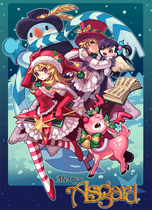 bf. (sogogiching), sidy, striped legwear, 1boy, 2girls, :o, bell, blonde hair, book, bow, cape, carrying, christmas, elbow gloves, gloves, hair ornament, hat, holly, holly hair ornament, looking at viewer, multiple girls, pantyhose, princess carry, purple eyes, purple hair, reindeer, santa costume, santa hat, scarf, smile, snowman, star (symbol), striped clothes, striped pantyhose, striped scarf, thighhighs, top hat, wand