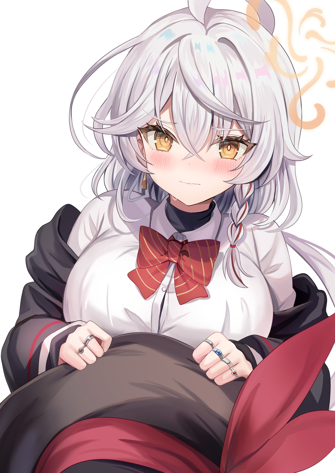retsuto, eri (blue archive), blue archive, commentary, highres, 1girl, ahoge, black hat, black jacket, blush, braid, breasts, buttons, closed mouth, collared shirt, crossed bangs, earrings, hair between eyes, halo, hat, hat ribbon, holding, holding unworn clothes, holding unworn hat, jacket, jewelry, large breasts, long hair, long sleeves, looking at viewer, multicolored hair, multiple rings, open clothes, open jacket, red ribbon, red streaks, red trim, ribbon, ring, shirt, side halo, simple background, single braid, single earring, solo, streaked hair, sweat, triangle earrings, unworn hat, unworn headwear, upper body, very long hair, white background, white shirt, witch hat, yellow eyes, yellow halo