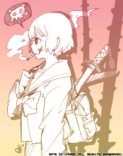 bf. (sogogiching), 1girl, cigarette, cross scar, female focus, gradient background, katana, monochrome, scar, school uniform, serafuku, smoking, solo, sword, weapon