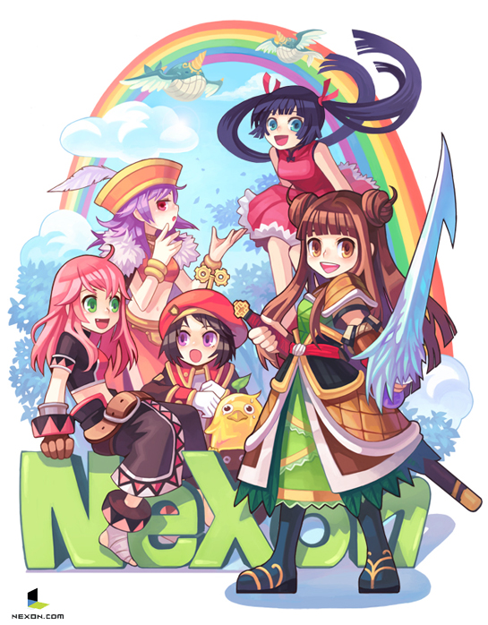 bf. (sogogiching), 5girls, baby animal, bird, chick, fantasy, multiple girls, rainbow, sword, weapon